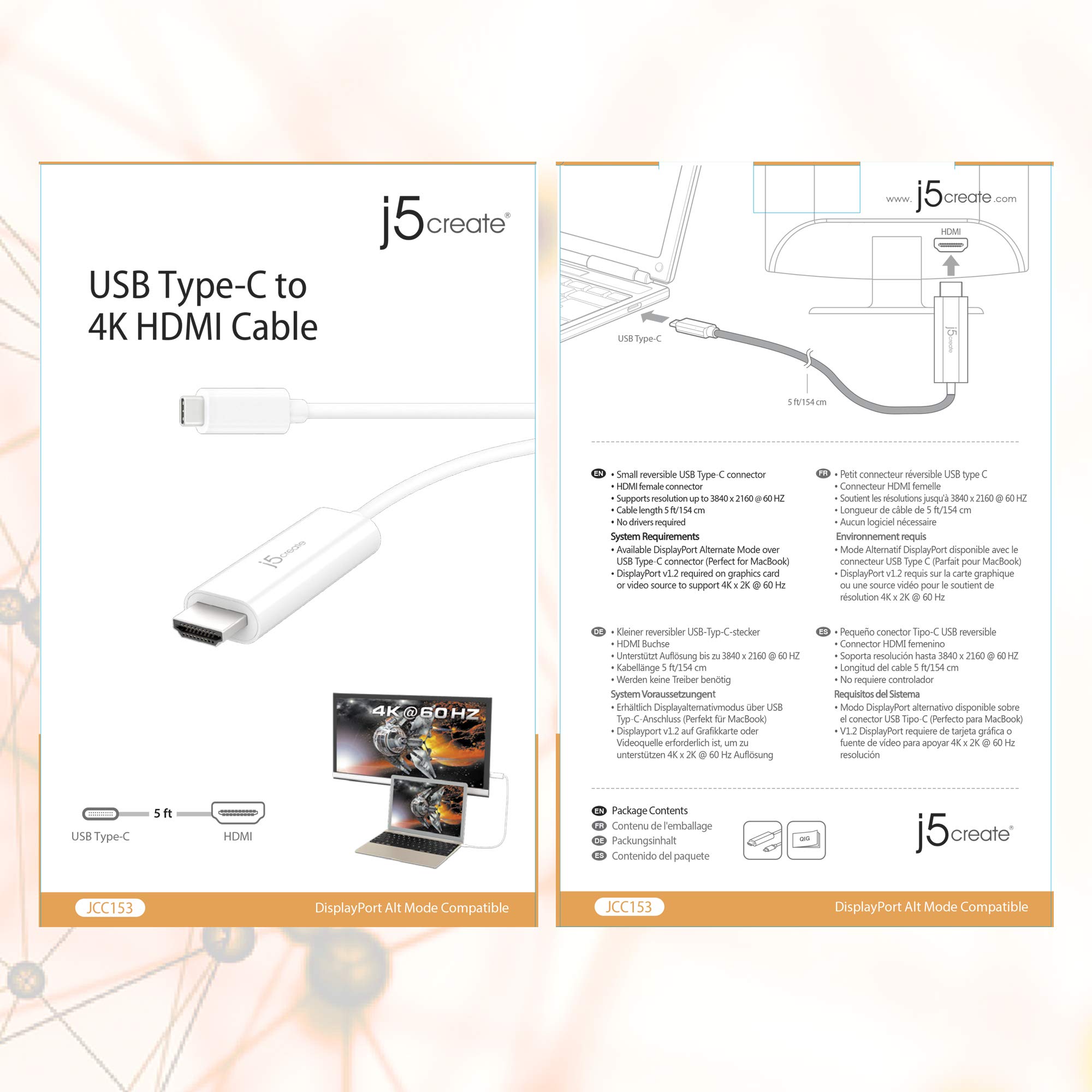 J5Create USB C to HDMI Adapter Cable 5ft - 4K@60Hz Thunderbolt 3 Compatible Type C to HDMI Converter for MacBook Pro/Air, iPad Pro, Windows Laptops - Perfect for Home Office, Presentations & 4K Video Streaming