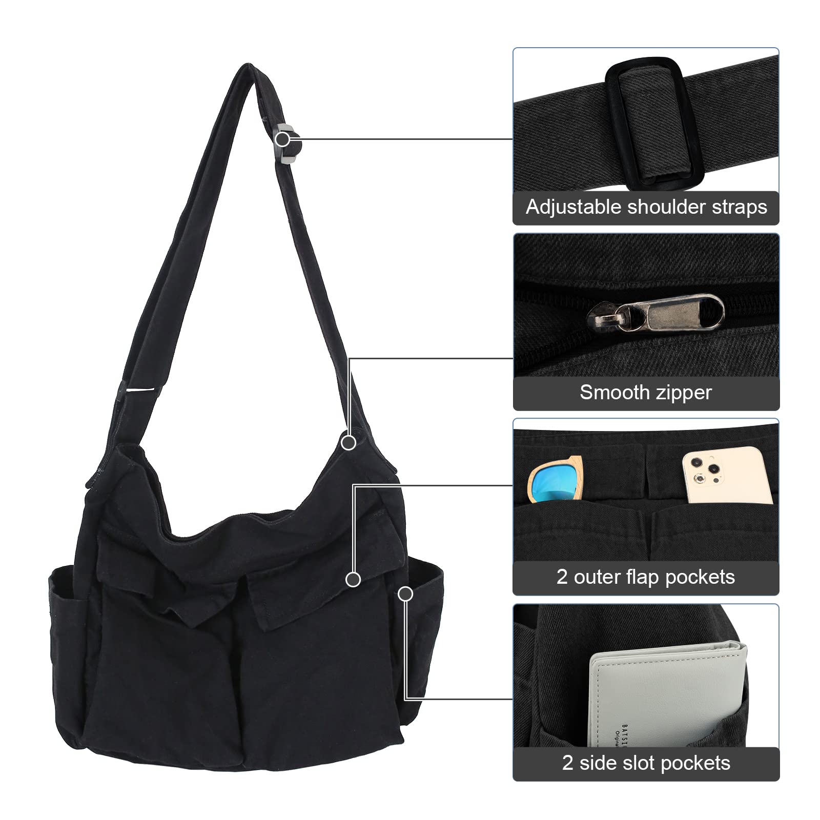 LUI SUI Women's Large Canvas Shoulder Bag - Stylish Denim Hobo Crossbody & Messenger Tote Bag for Work, Travel & Daily Use