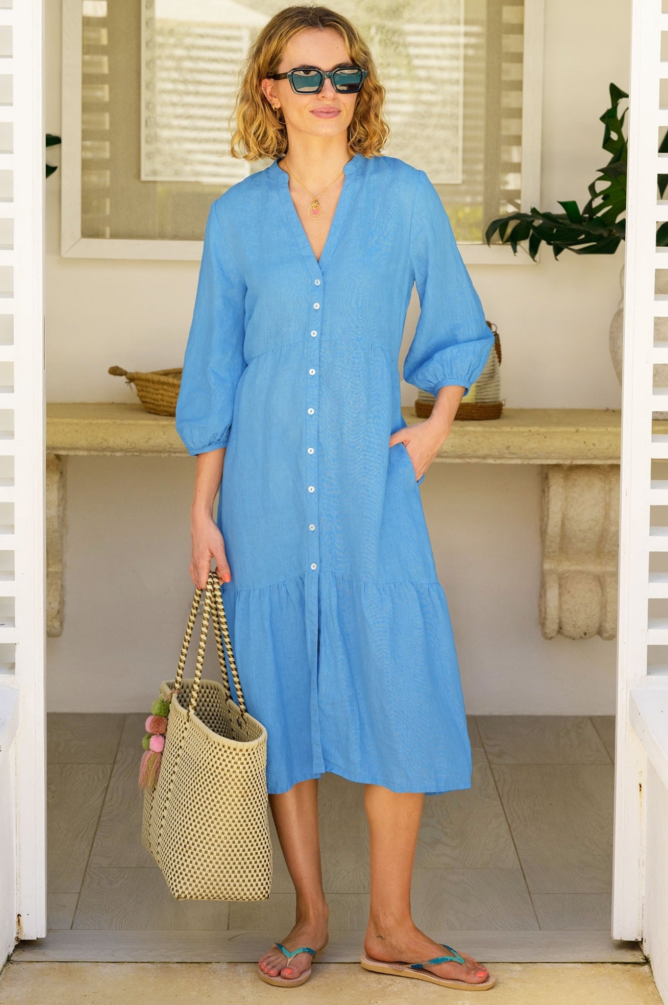 Charlotte Linen Dress Women's Summer Casual Cornflower Blue Flowy Maxi Dress - Perfect for Beach Vacation, Garden Party & Boho Chic Outfits