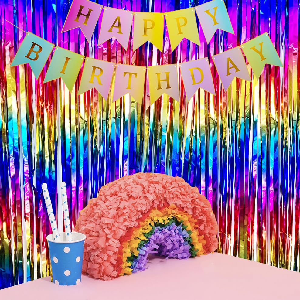 Sparkly Rainbow Foil Fringe Curtains - Metallic Tinsel Streamers Backdrop for Birthday, Pride, Graduation, Wedding Decor (2 Pack) | Photo Booth Props, Bridal Shower & Bachelorette Party Decorations