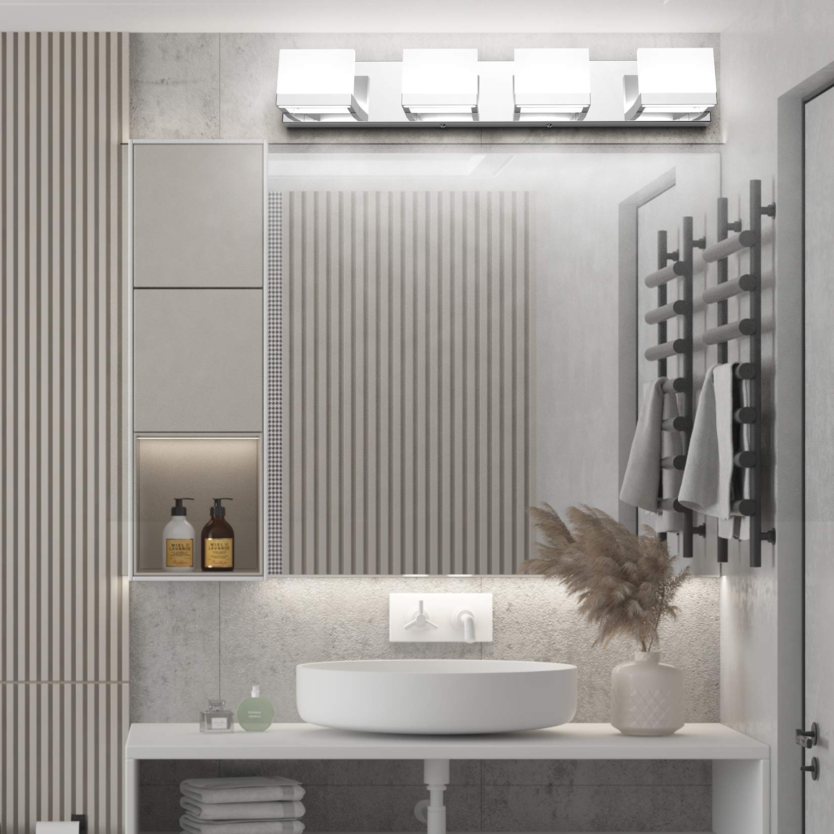 Tipace Modern 4-Light LED Vanity Mirror Light Fixture - Chrome/Black Bathroom Wall Sconce with Up & Down Lighting (6000K Cool White) - Perfect for Bathroom Makeup Vanity, Dressing Room & Mirror Illumination