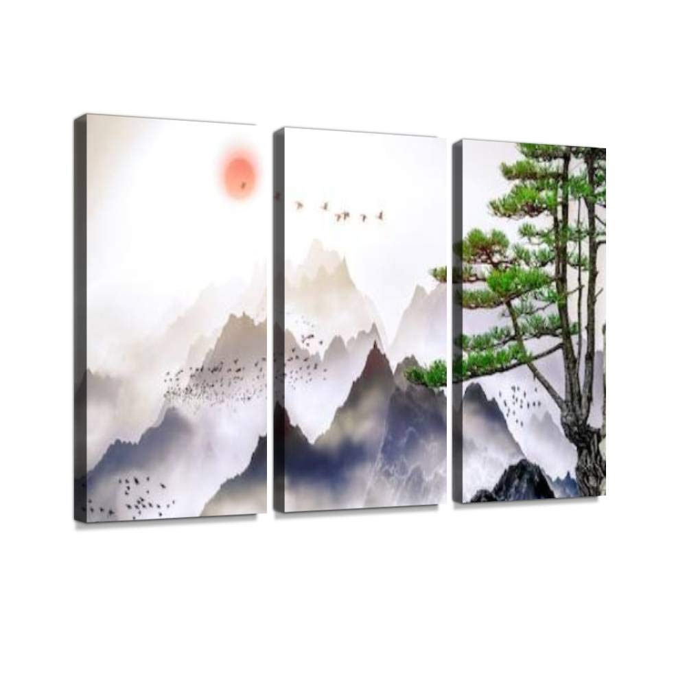 Pine Trees Distant Mountains Clouds Sunrise Landscape Canvas Wall Art - Modern 3 Panel Painting for Office Living Room Bedroom Decor - Perfect for Home & Workspace Interior Design