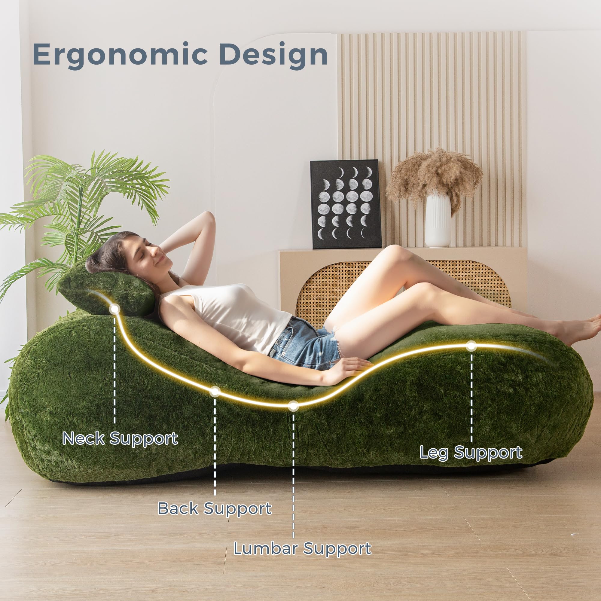 MAXYOYO Green Bean Bag Bed with Pillow - Oversized Chaise Lounge Chair for Indoor Use | Perfect for Living Room, Bedroom & Game Room Relaxation