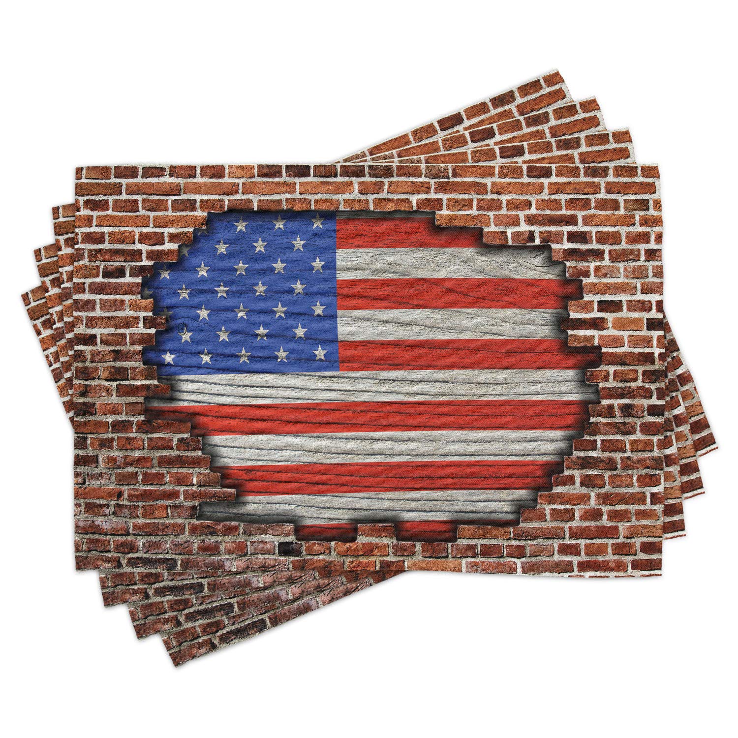 Ambesonne USA Patriotic Place Mats Set of 4 - Vintage Brick Wall Design for 4th of July Independence Day - Washable Fabric Table Mats for Dining Room & Kitchen Decor in Blue, Red & Brown - Perfect for Holiday Parties, BBQ Gatherings & American-Themed Home Decor