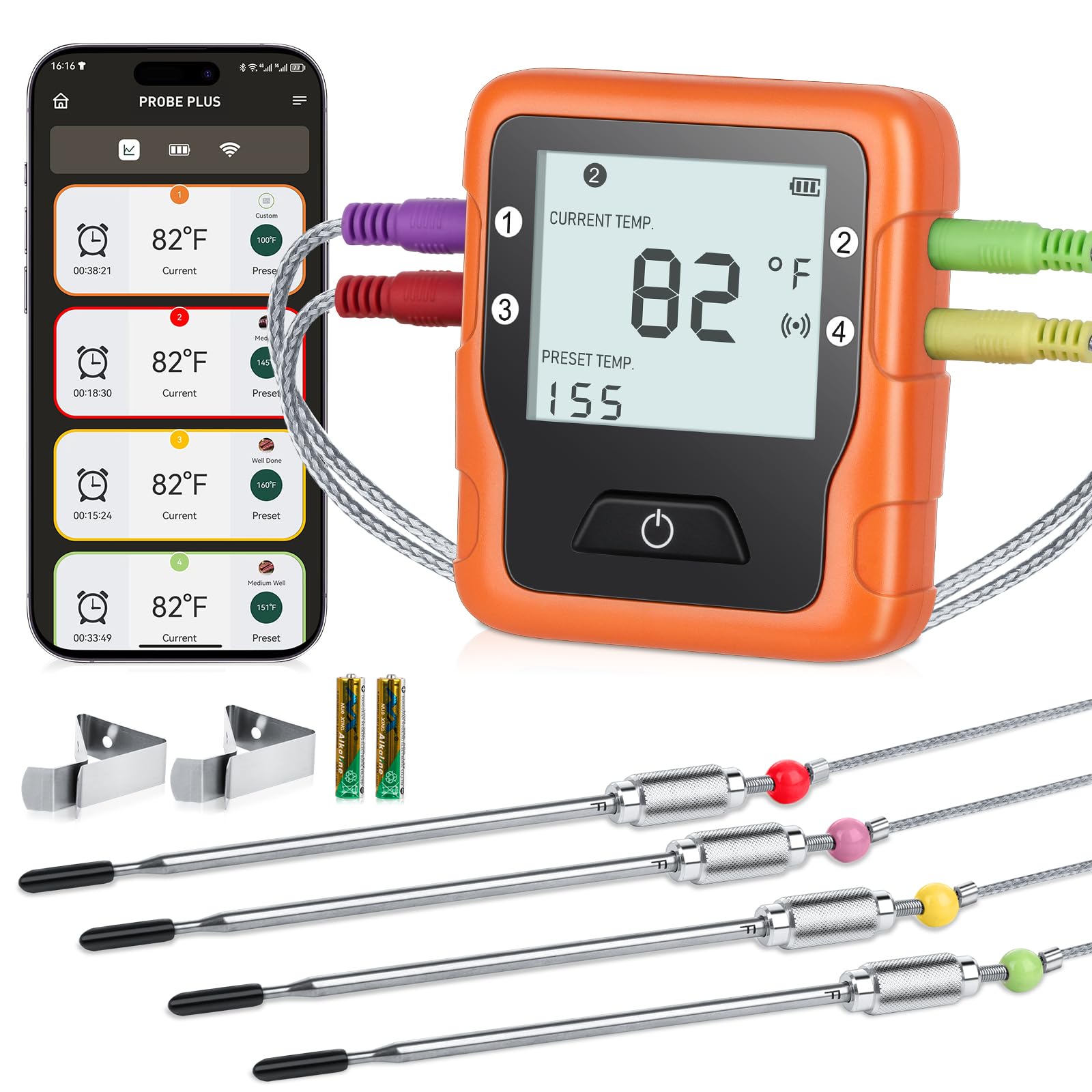 500ft Wireless Meat Thermometer with 4 Probes - Bluetooth Digital Cooking Thermometer with Alarm for Grilling, Smoking, BBQ & Oven - Smart Kitchen Thermometer for Perfect Steak, Turkey, Chicken & More