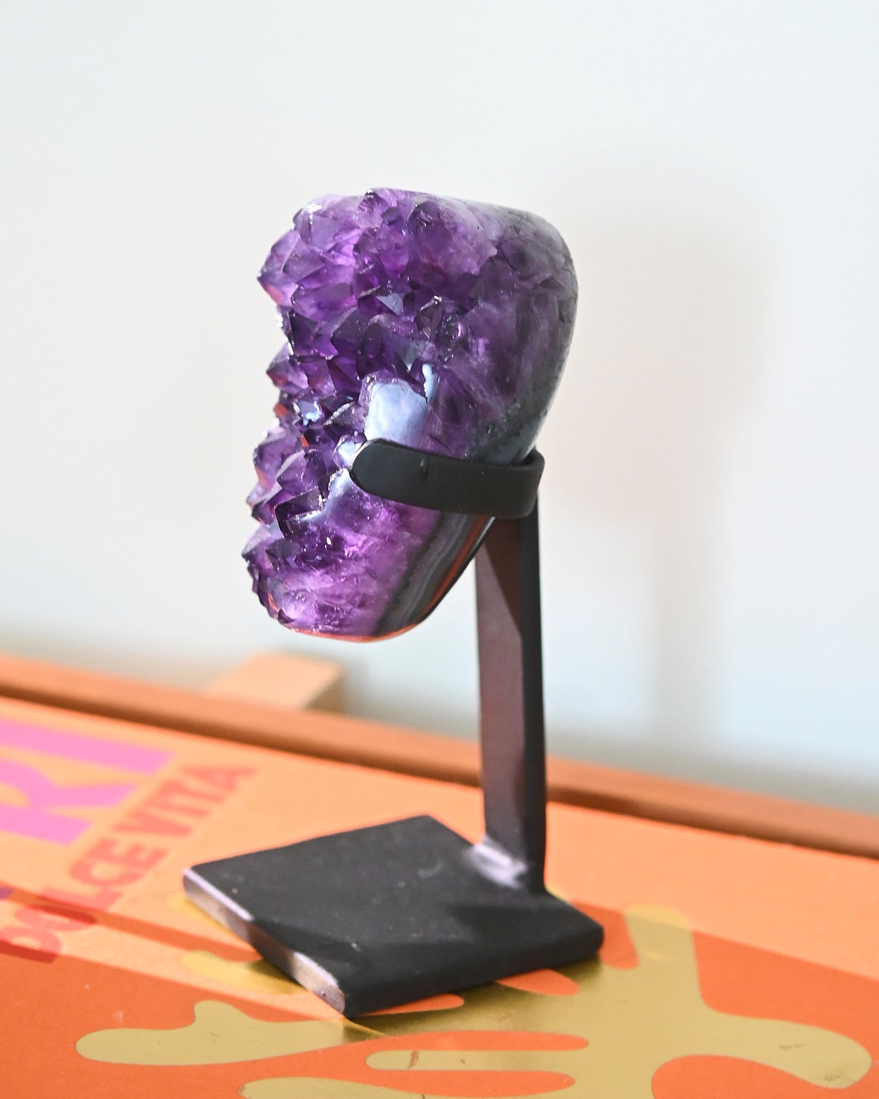 Natural Amethyst Crystal Geode on Wooden Stand - 3lbs Raw Purple Quartz Cluster for Home Decor, Meditation & Healing | Perfect for Living Room, Office & Spiritual Space
