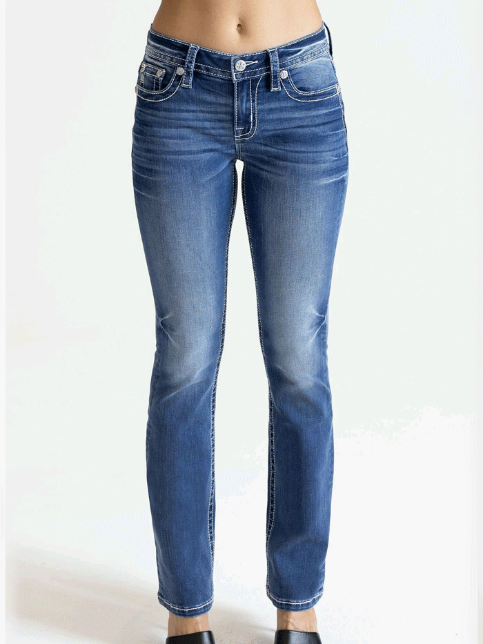 Miss Me M9352SBV Women's Cross Mid Rise Slim Boot Jean in Medium Blue - Perfect for Casual Wear, Work & Night Out