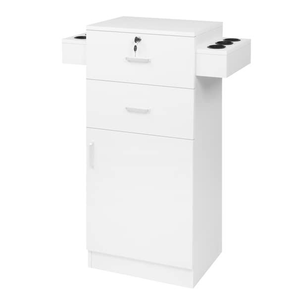15cm P2 Density Board Pitted Surface Salon Cabinet with 2 Drawers, 1 Door & 6 Hair Dryer Hooks - Lockable White Storage Unit for Salon, Bathroom or Home Organization