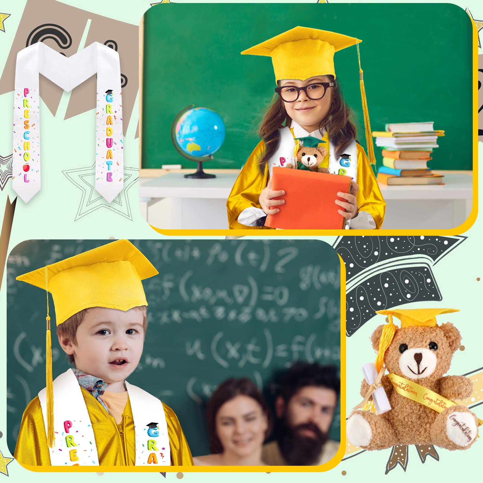 4-Piece Preschool Graduation Set - Gown, Cap with Tassel, Stole & Plush Bear | Graduation Gifts for Kids | Kindergarten & Daycare Ceremony Accessories