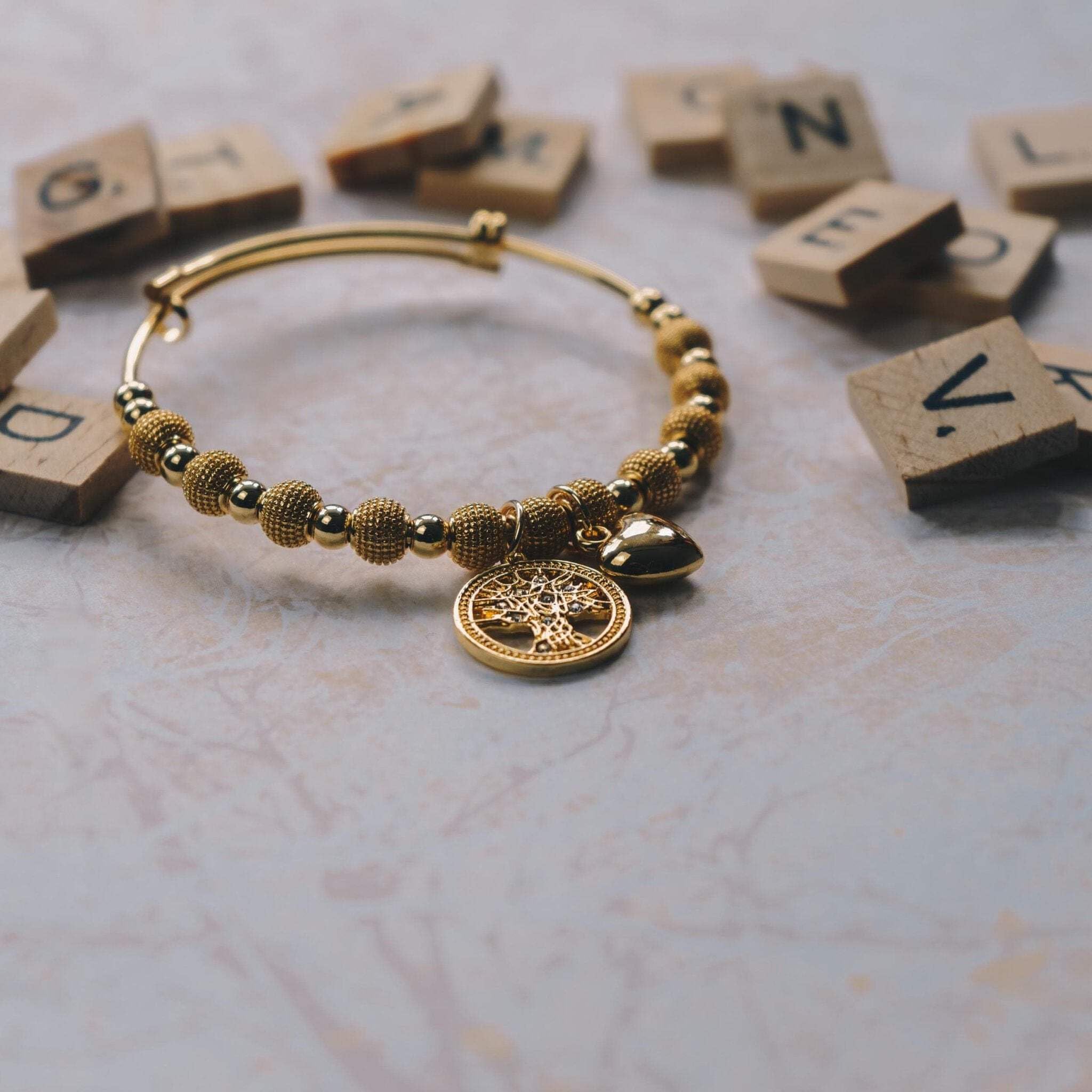 Gold Plated Tree of Life Bangle with Zircondia® Crystals - Elegant Jewelry Gift for Women