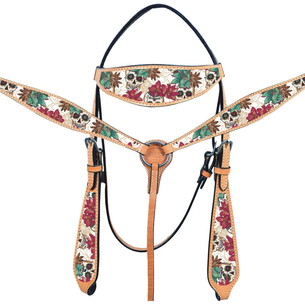 HILASON Western Horse Headstall Breast Collar Set - Genuine American Leather with Skull Design | Durable Leather Headstall & Breast Collar | Complete Horse Tack Set for Riding & Training | Perfect for Trail Riding, Rodeo & Western Shows