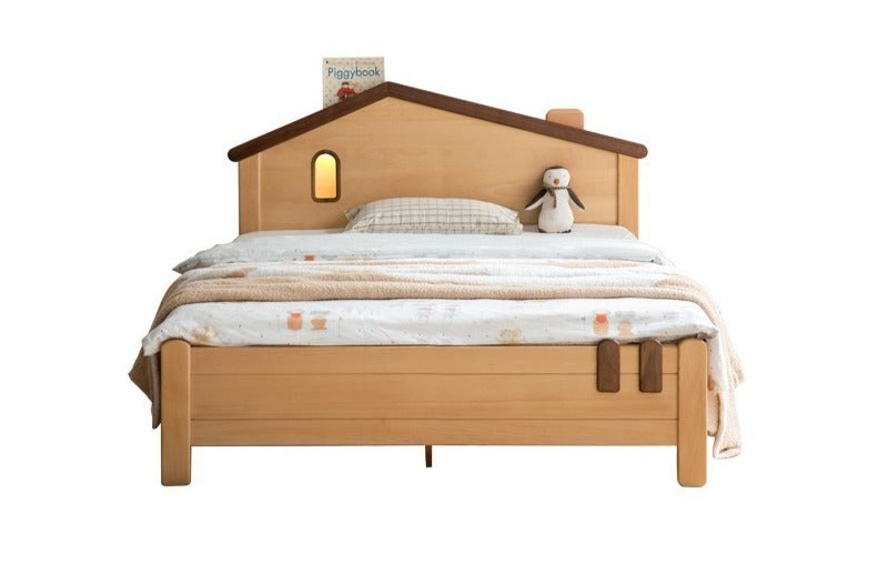 Kids Wooden Bed with Night Light - Beech & Poplar Little House Design with 15-Minute Auto Light Off - Perfect for Bedrooms, Playrooms & Cozy Sleep Spaces