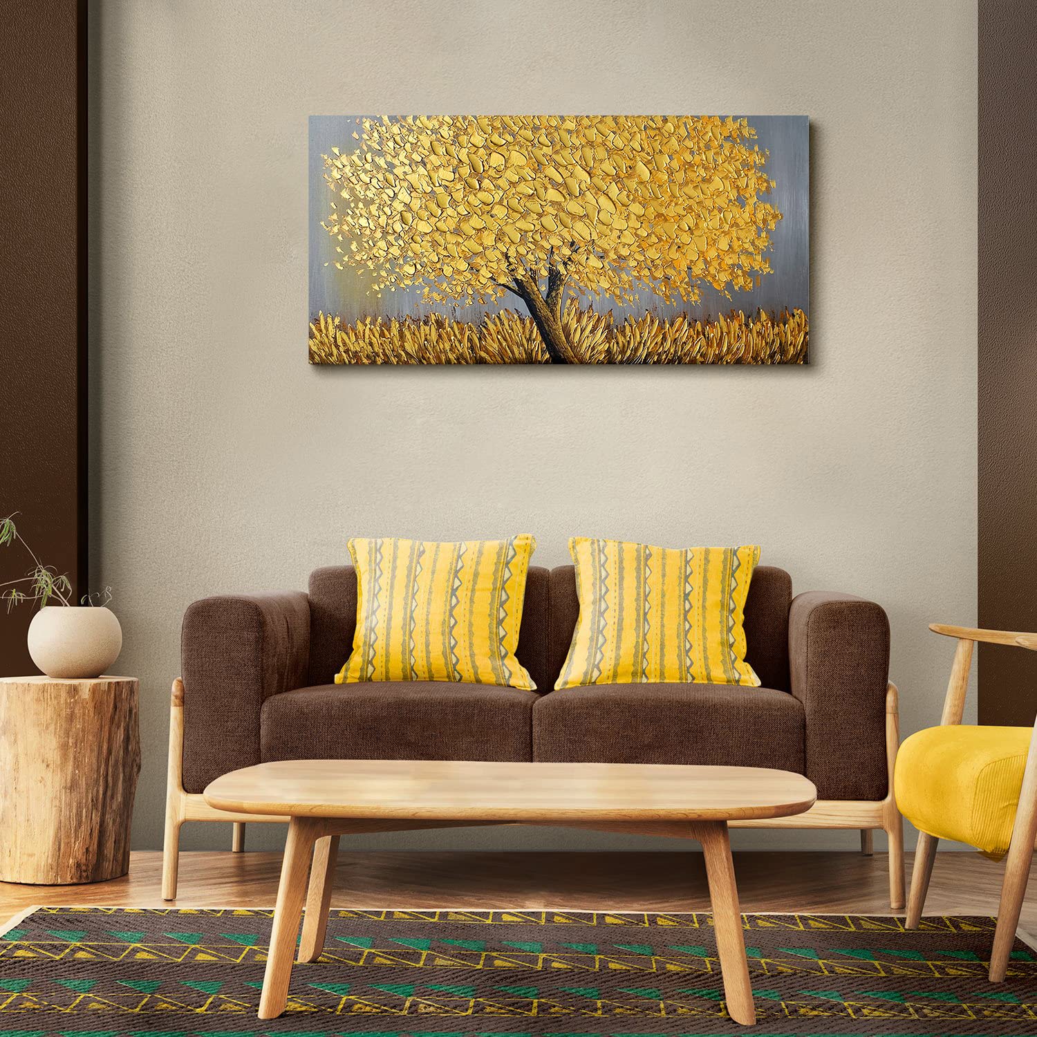 Faicai Art Thick Texture Gold Tree Oil Painting - 3D Palette Knife Canvas Artwork Wall Decor (24x48 Inches) Stretched & Ready to Hang - Perfect for Living Room, Bedroom, Office & Modern Interior Design
