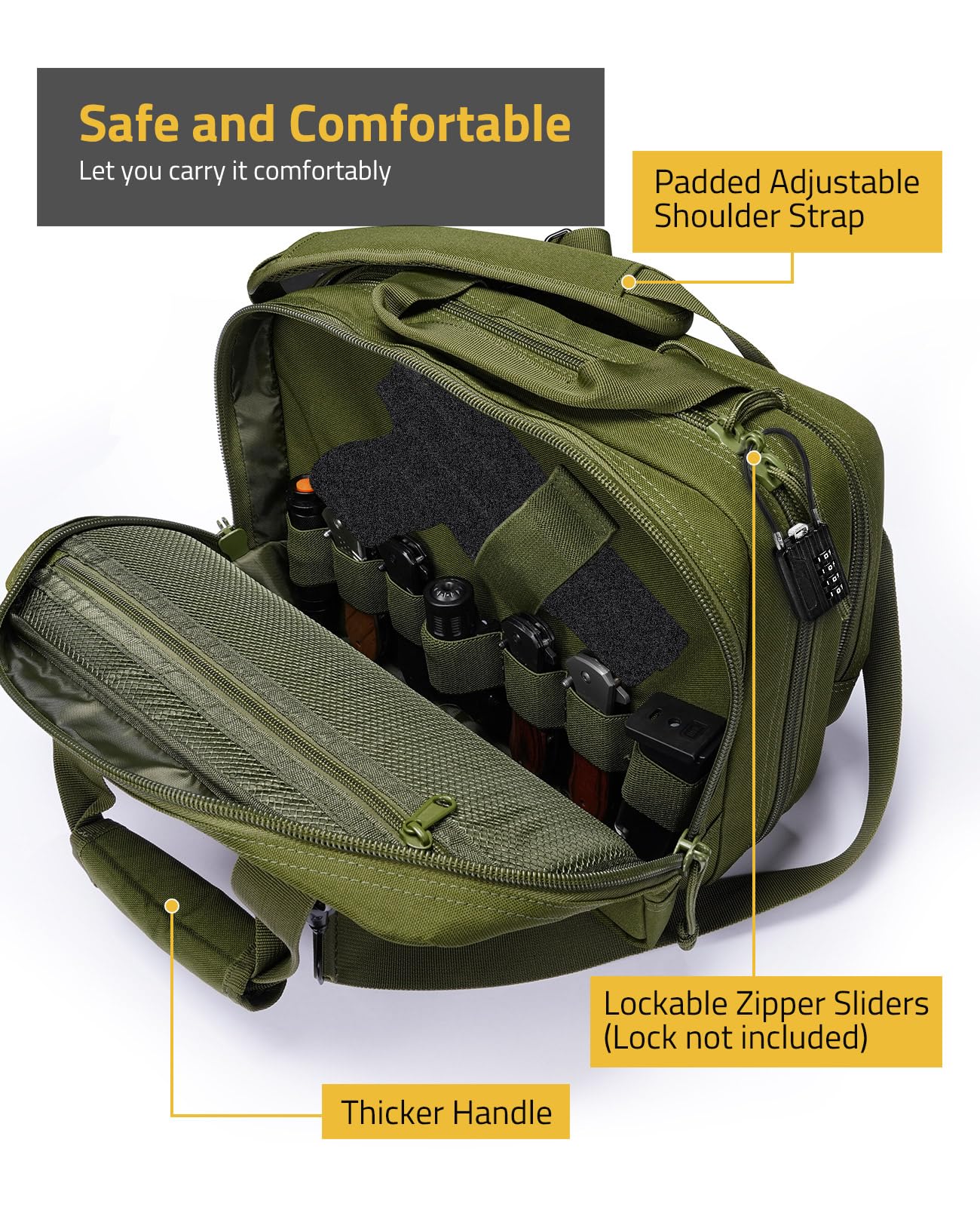 CVLIFE Tactical Gun Range Bag - Lockable 3 Compartment Pistol Case for Handguns & Hunting Gear | Durable Shooting Range Accessories for Outdoor Hunting, Target Practice & Firearm Storage
