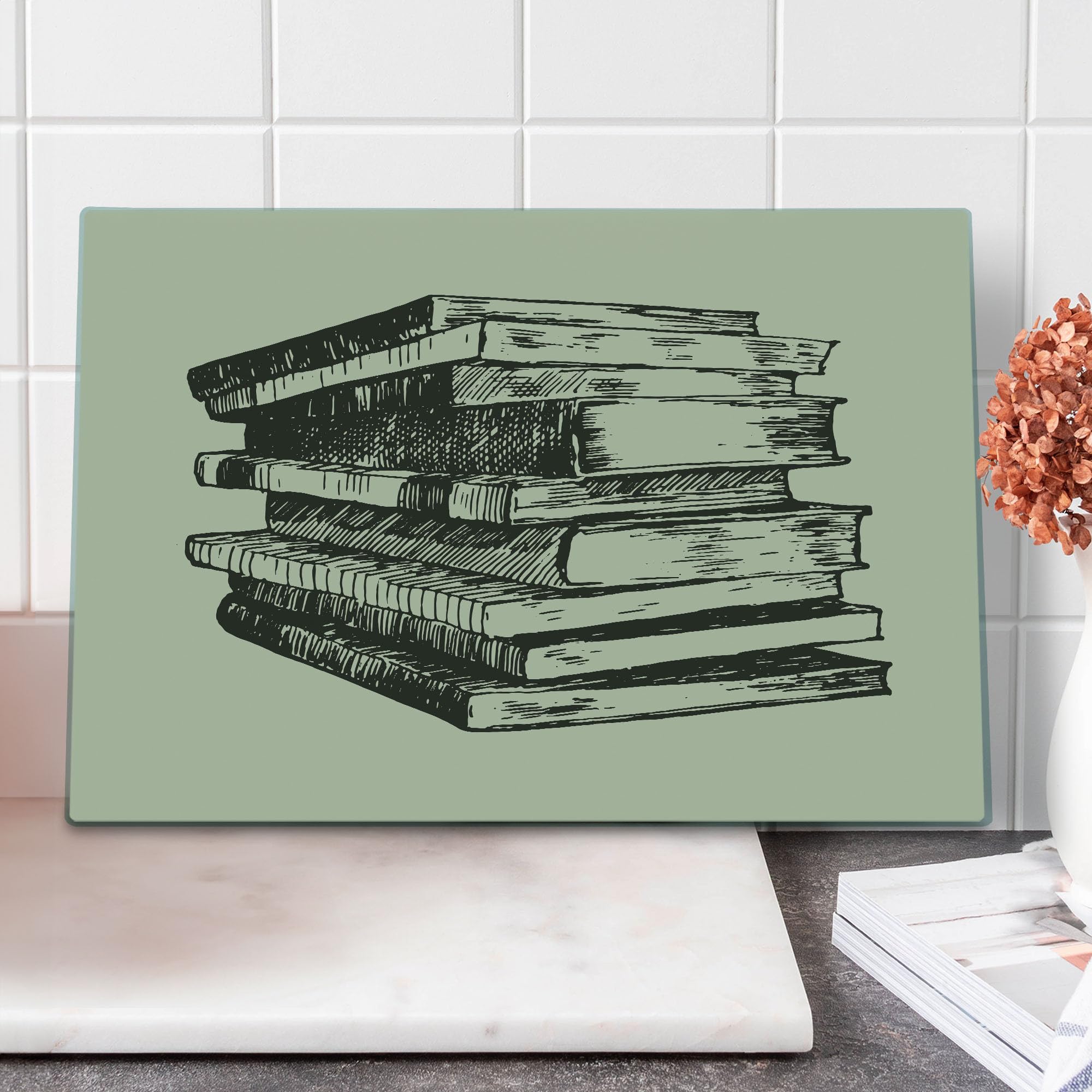 Vintage Stack of Old Books Print Tempered Glass Cutting Board - Large Decorative Serving Tray for Kitchen, Charcuterie, Cheese Display & Home Decor - Beige & Dark Brown