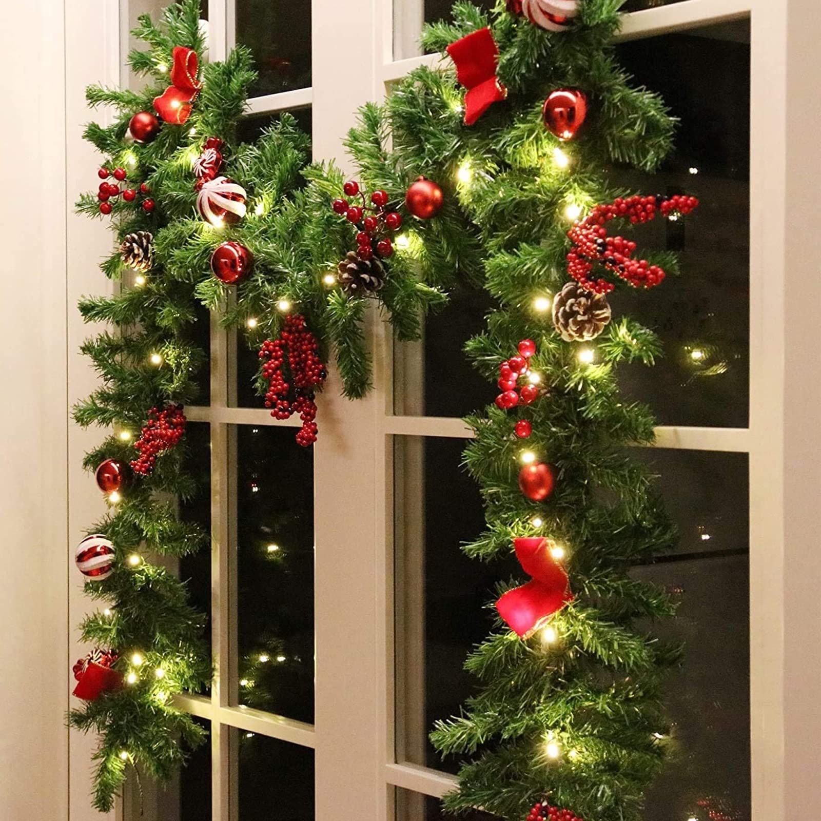 MorTime 9 FT LED Christmas Garland with Pinecones, Red Berries, Bows & Ornaments - 50 Warm White Lights, 180 Branch Tips for Holiday Decor - Perfect for Fireplace Mantel, Staircase & Christmas Tree Decoration