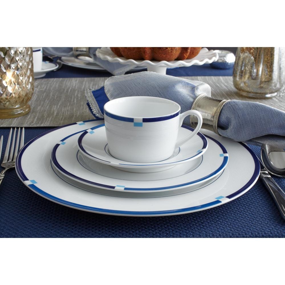Jet Set Blue 16-Piece Dinnerware Set - Elegant Porcelain Plates, Bowls & Mugs - Perfect for Dinner Parties, Holidays & Everyday Use