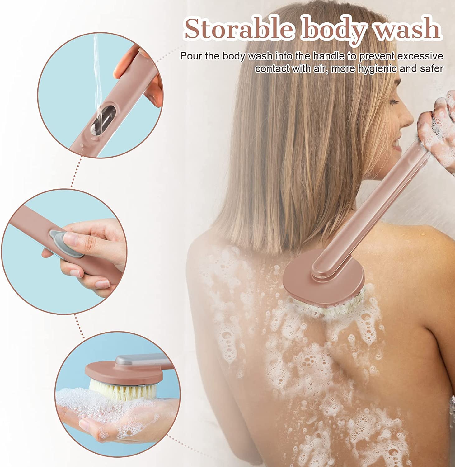 SANTINA Long Handle Soft Bristle Bath Brush with Soap Dispenser - Exfoliating Shower Scrubber for Men & Women - Back Massage & Body Cleansing - Perfect for Deep Cleaning & Skin Exfoliation in Shower or Bath
