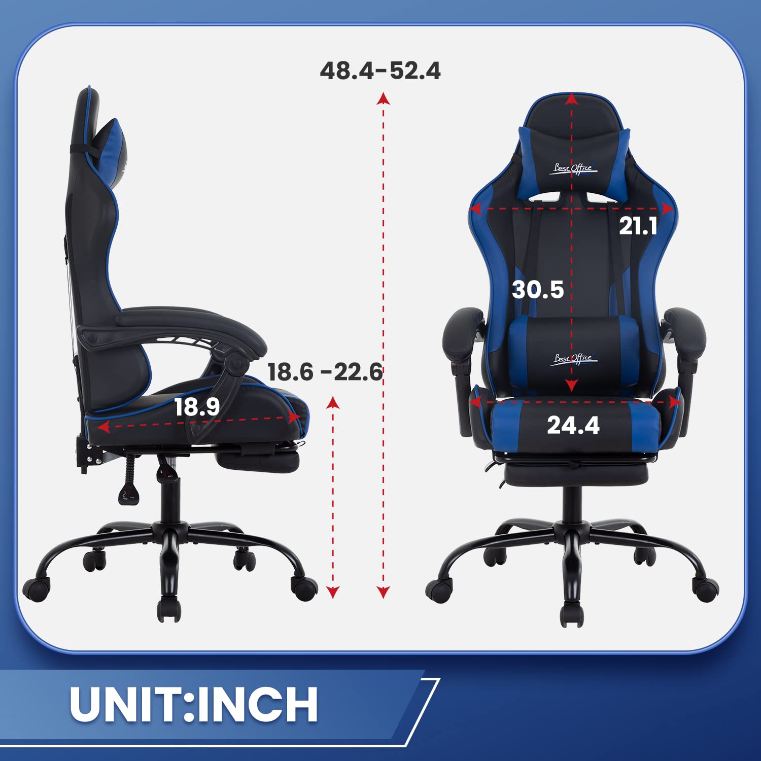Ergonomic Gaming Chair with Adjustable Lumbar Support, Headrest & Footrest - Blue PC Gamer Chair for Office, Home & Esports - Comfortable Swivel Rolling Desk Chair for Long Gaming Sessions & Work from Home