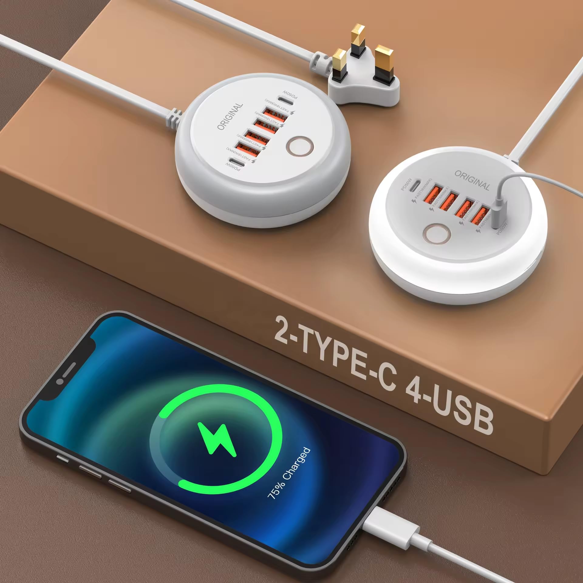 25W 6-Port USB C Fast Charger - 2 USB C & 4 USB A Ports for iPhone 16/15/14, iPad, Samsung - Home & Office Use