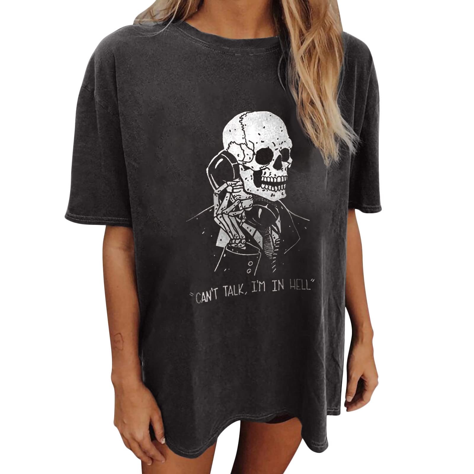 Women's Halloween Skeleton Graphic T-Shirt - Grunge Oversized Top for Party