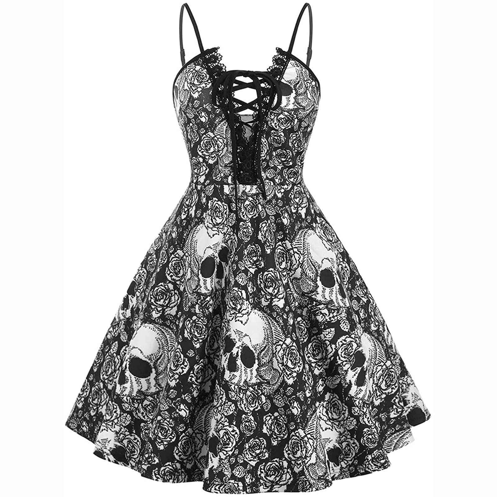 Gothic Dresses for Women - Steampunk Skeleton Lace Short Dress with Spaghetti Straps | Halloween Costume, Punk Fashion, Summer Party Outfit