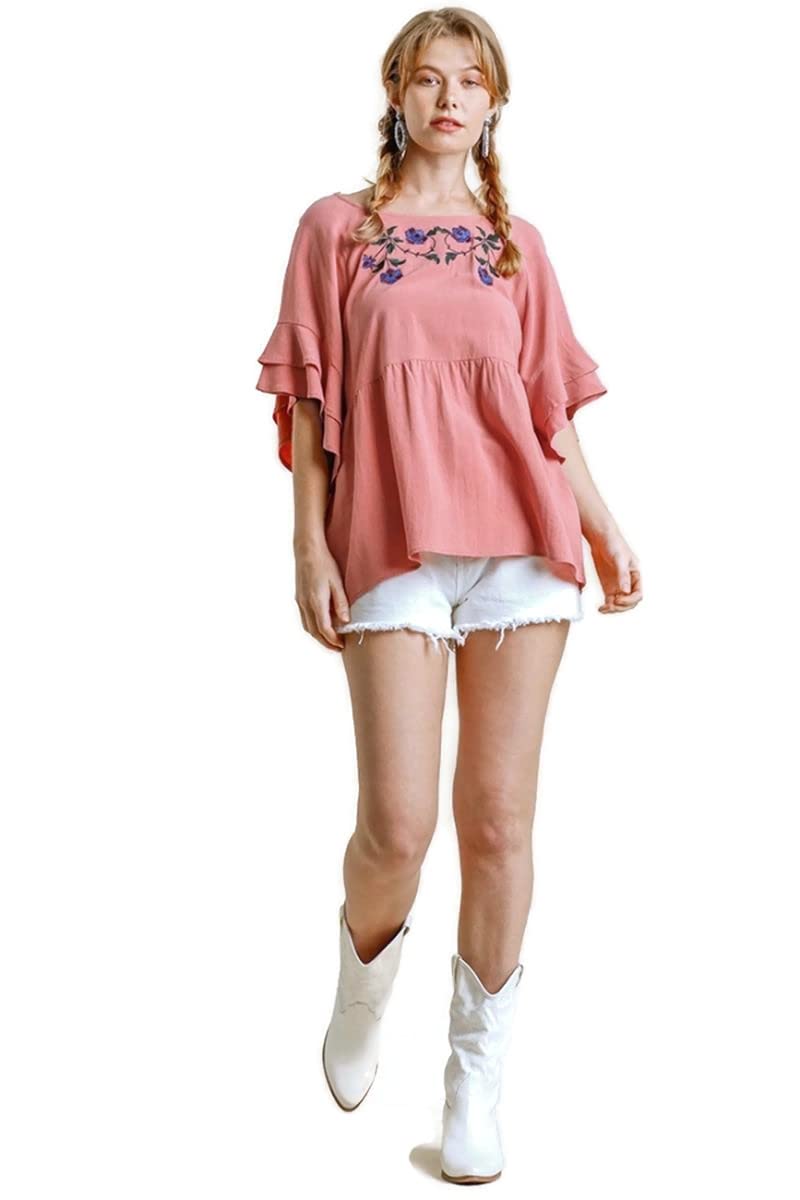 Umgee USA Dusty Rose Embroidered Bell Sleeve Tunic Top for Women - Boho Chic Layered Blouse for Casual Wear, Office & Special Occasions