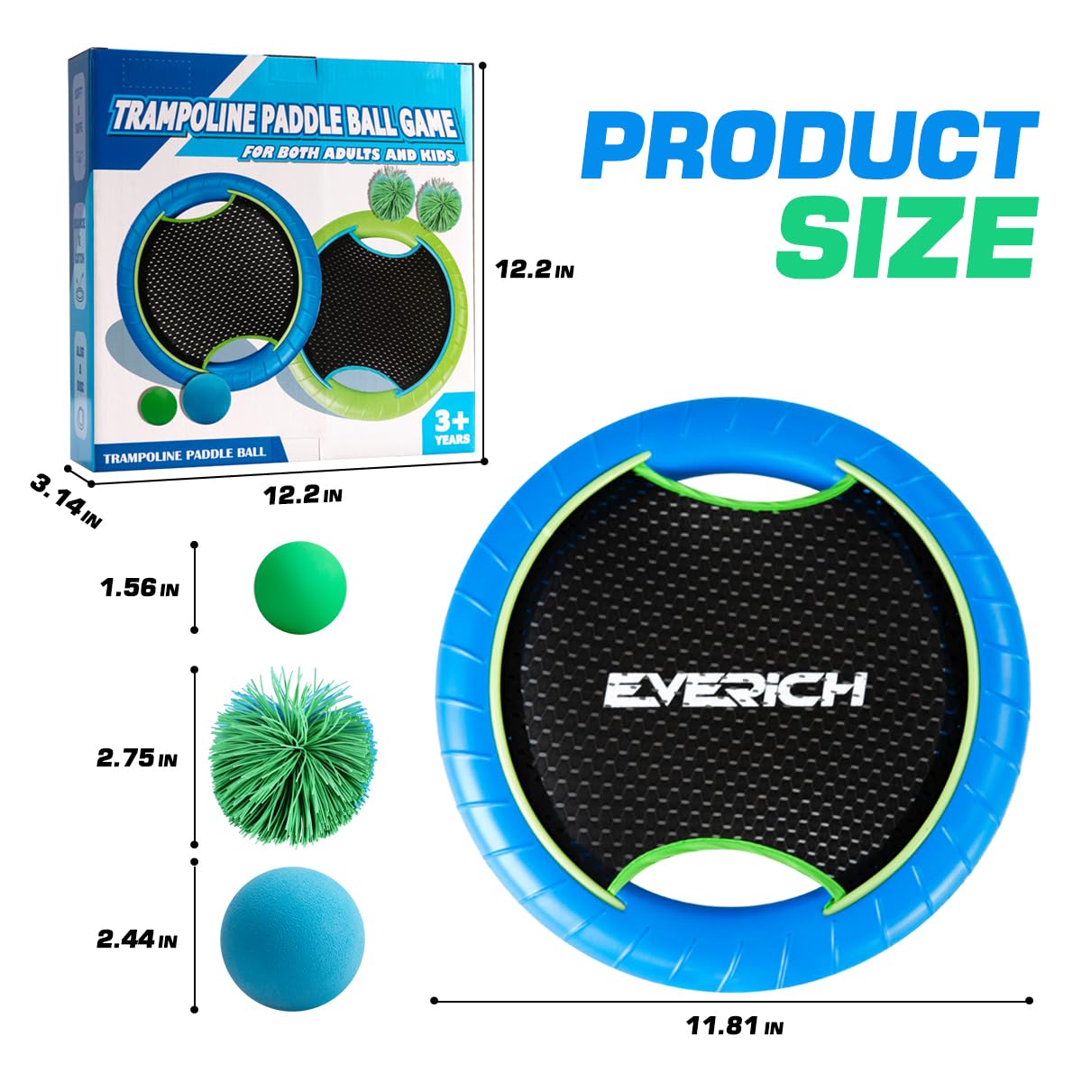 EVERICH TOY Trampoline Paddle Balls Set - Outdoor Games for Kids with 2 Rackets, 2 Rubber String Balls, 1 PVC Ball & 1 Foam Ball - Perfect for Beach, Lawn, Backyard & Park Fun Activities
