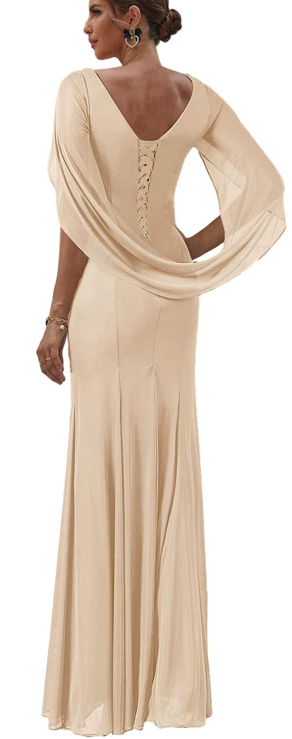 Elegant Chiffon Mother of The Bride Dress with Cape - Long Mermaid Evening Gown for Women - Perfect for Weddings, Formal Events & Special Occasions