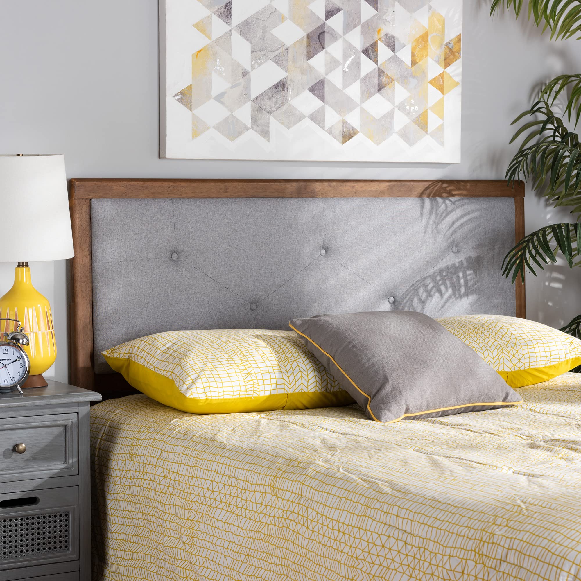 Baxton Studio Abner Modern Full Size Headboard - Light Grey Fabric Upholstery with Walnut Brown Wood Finish - Perfect for Contemporary & Transitional Bedroom Decor