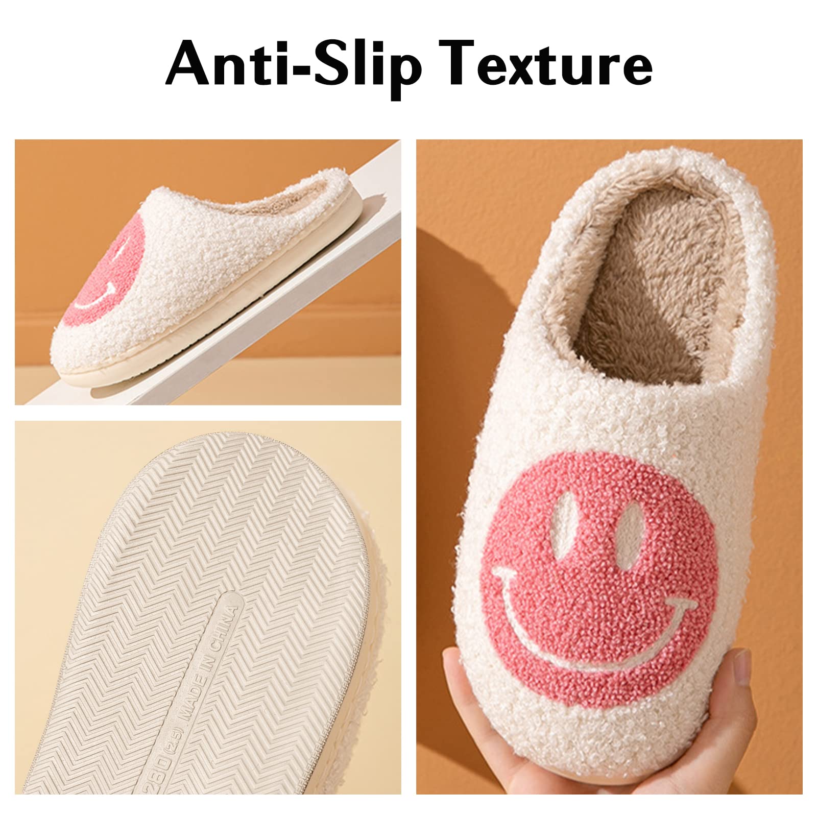 Women's Smile Face Slippers - Soft Plush Retro Preppy Happy Face Slip-On Slippers for Indoor & Outdoor Use | Cozy House Shoes for Relaxing at Home, Lounging, or Quick Outdoor Errands