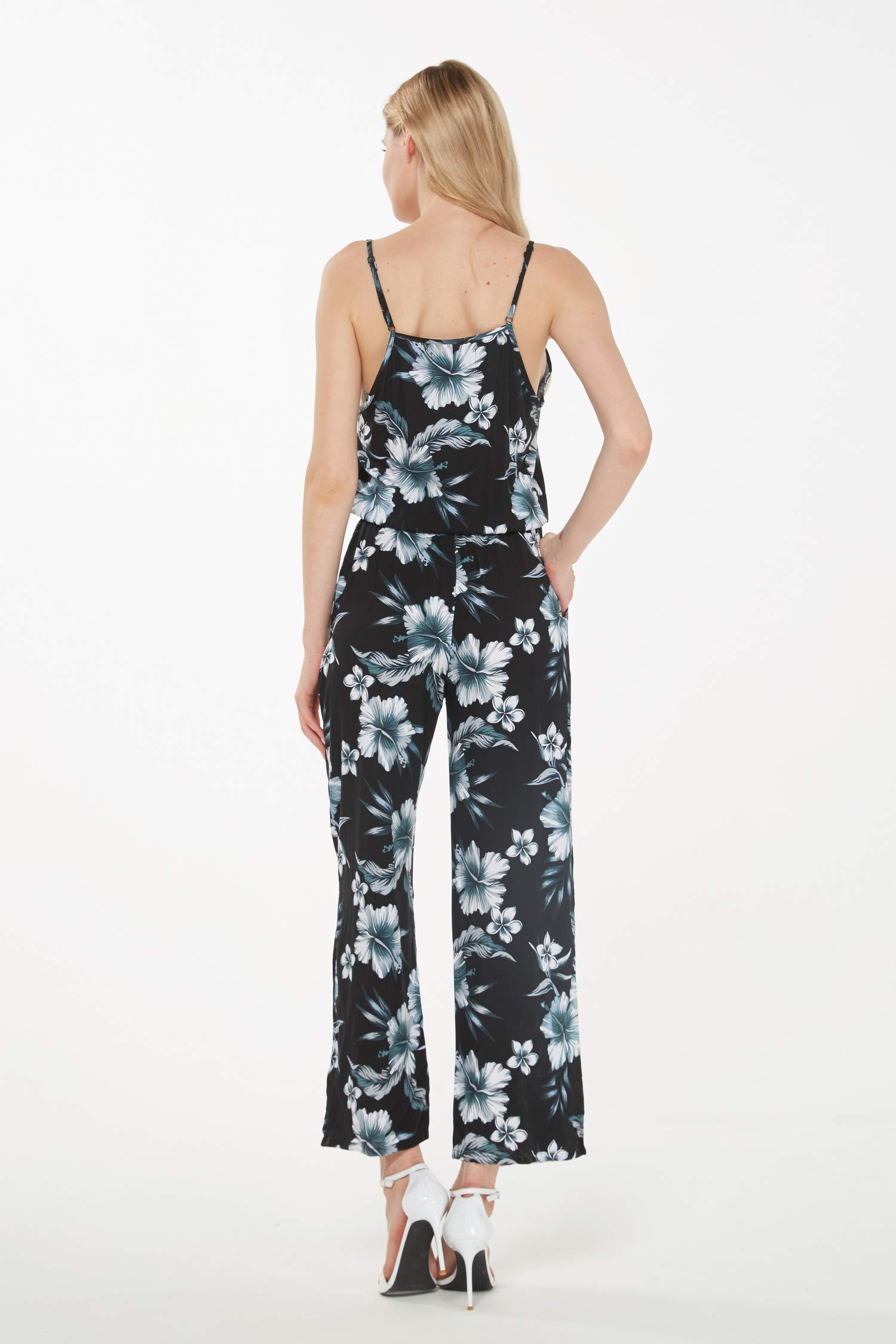 Women's Hawaiian Strap V-Neck Jumpsuit with Pockets - Simply Blue Leaves Print | Beach Cover Up, Summer Vacation Outfit, Tropical Party Dress