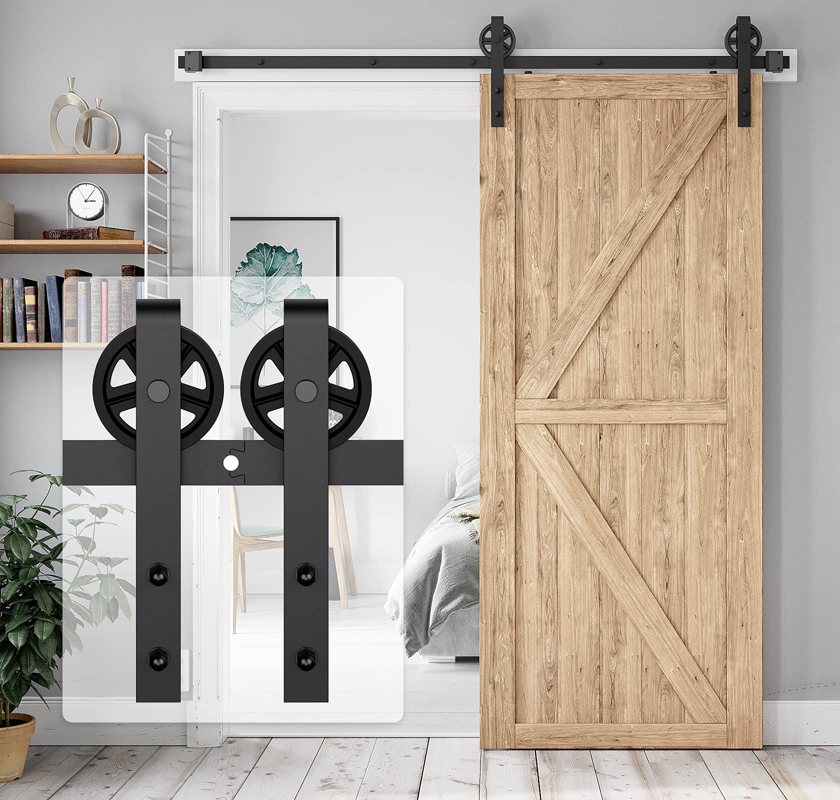 6FT Heavy Duty Sliding Barn Door Hardware Kit - Industrial Black Big Wheel J Hangers for Wood Single Doors (Fits 1 3/8