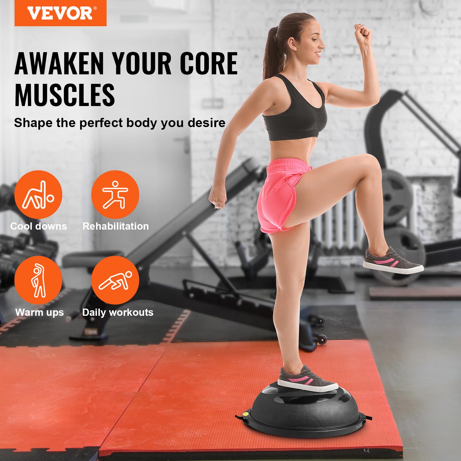 VEVOR 23/26 Inch Half Exercise Ball Trainer - 1500lbs Capacity Stability & Balance Ball with Resistance Bands & Foot Pump - Yoga Fitness Ball for Home Gym, Core Workouts, Pilates, Physical Therapy - Black