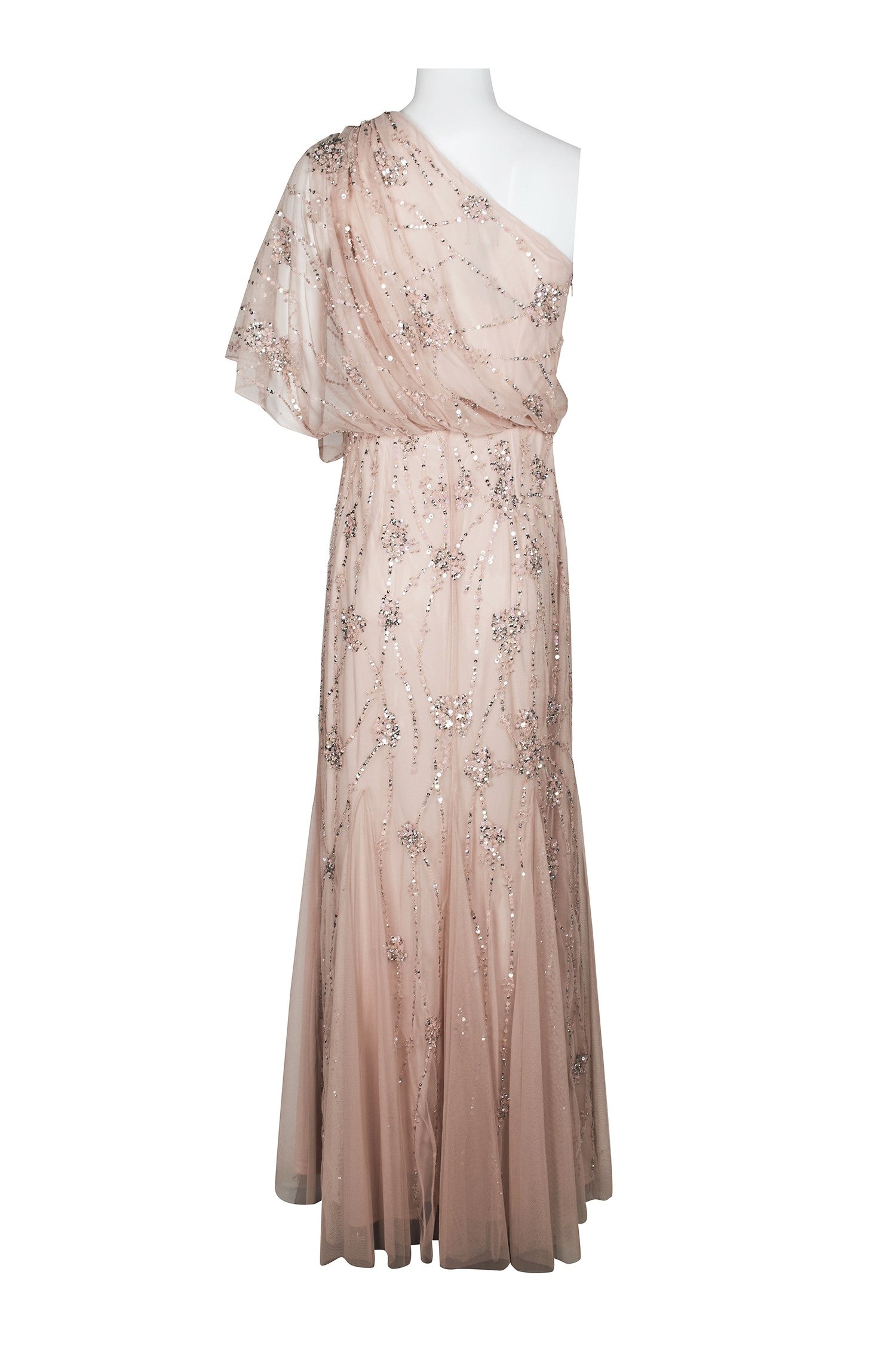 Adrianna Papell One Shoulder Beaded Evening Gown - Blush Pink Formal Dress for Prom, Wedding & Special Occasions