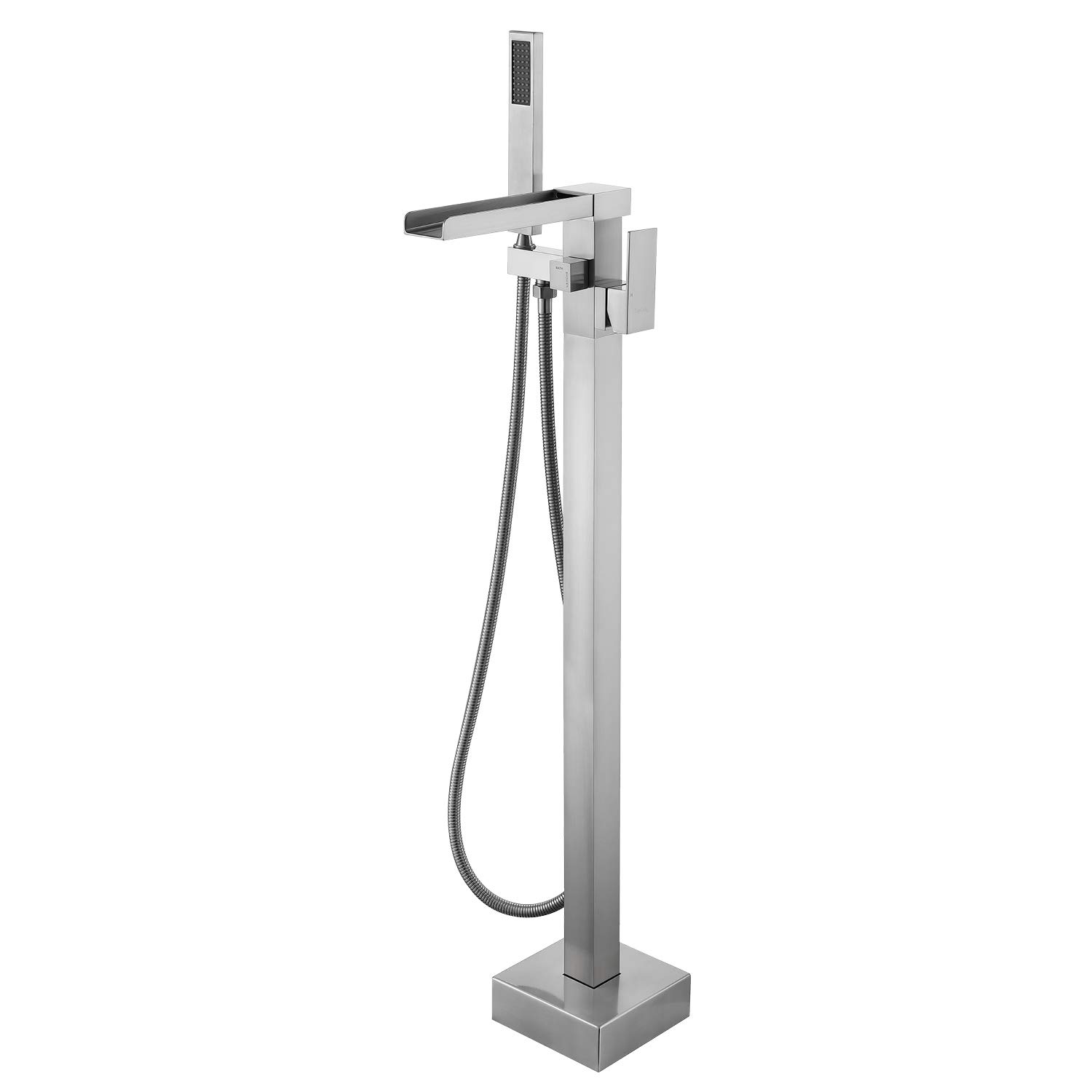 TapLong Freestanding Bathtub Faucet - Floor Mount Waterfall Tub Filler with Hand Shower | High Flow Rate 6 GPM | Brass Single Handle Bathroom Faucet in Brushed Nickel | Perfect for Modern Luxury Bathrooms & Spa Retreats