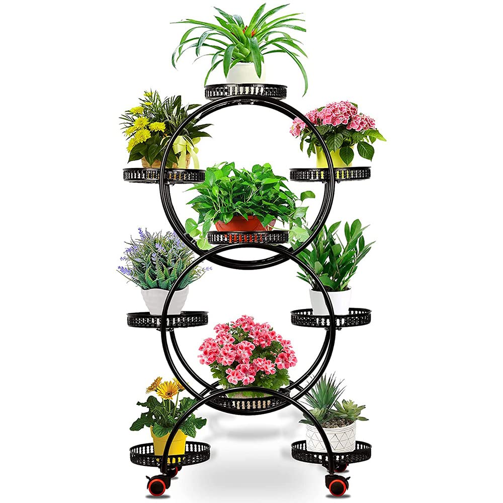 6 Tier Metal Plant Stand with 9 Trays - Heavy Duty Flower Pot Holder Shelf for Multiple Plants, Rolling Plant Display Rack for Indoor & Outdoor Use - Perfect for Patio, Garden, Balcony, Living Room Decor