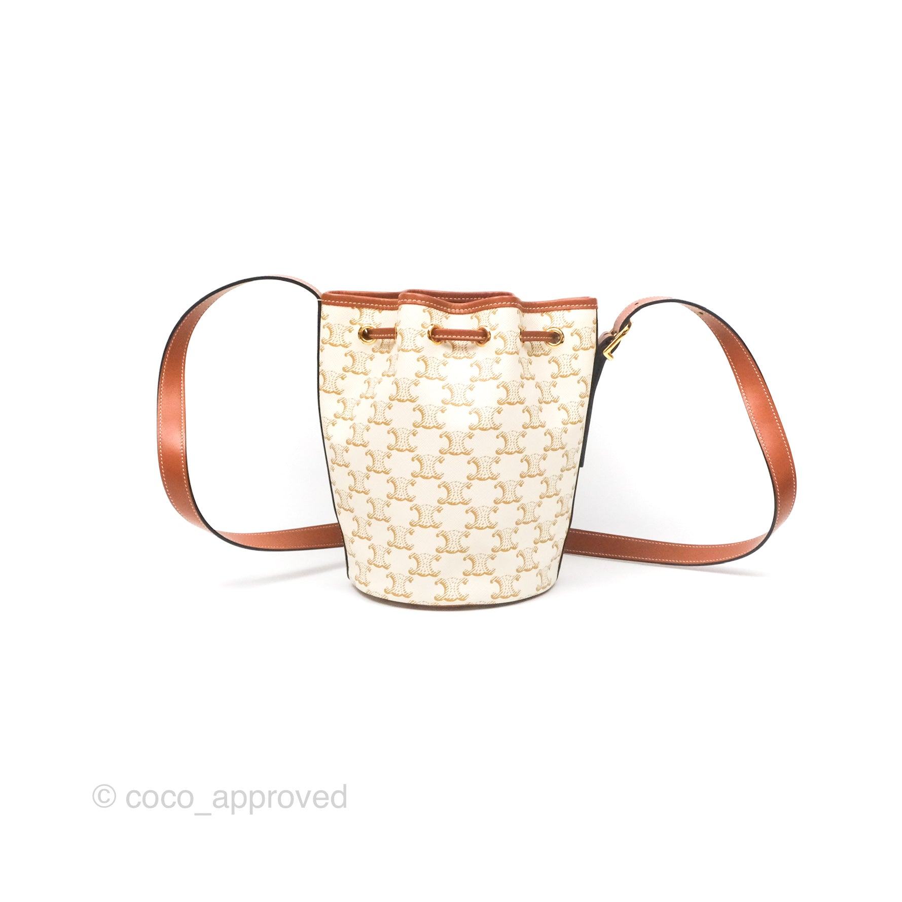 Celine Small Drawstring Bucket Bag in Triomphe Canvas & White Calfskin Leather - Perfect for Everyday Use, Travel & Fashion Accessories