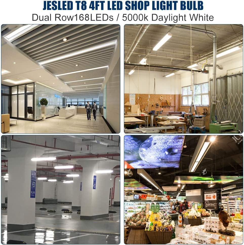 JESLED T8 4FT LED Tube Light Bulbs 24W 5000K Daylight White - 3000LM Brightness - Plug & Play or Ballast Bypass - 4 Foot LED Fluorescent Replacement - Dual-End Powered Frosted Light - Garage Warehouse Shop Lighting (12 Pack) - Perfect for Commercial Spaces, Workshops, and Industrial Areas