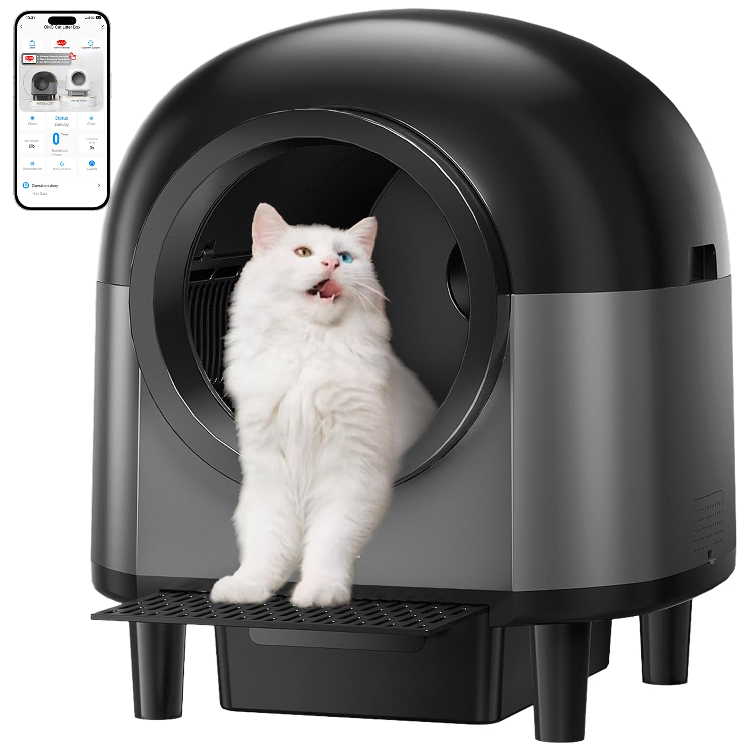 Automatic Self-Cleaning Cat Litter Box with 10 Safety Sensor Radars - 100L Electric Smart Litter Box for Multiple Cats, APP-Controlled with Advanced Odor Control & Stairs (OMCPET-BLACK) - Perfect for Busy Pet Owners & Multi-Cat Households