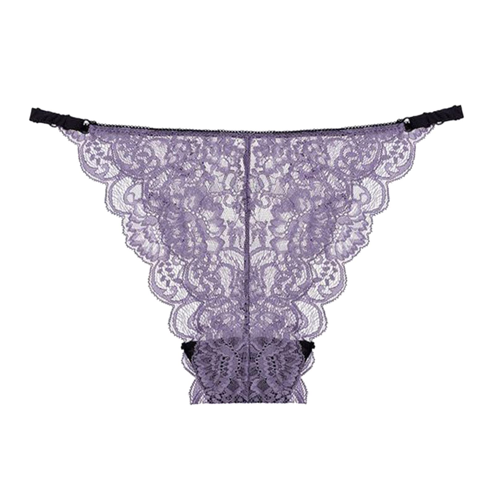 5 Pack Women's Sexy Thongs - Ultra Soft Seamless Bikini Briefs with Lace & Embroidery - Stretchable Lingerie Panties for Everyday Wear & Special Occasions - Purple