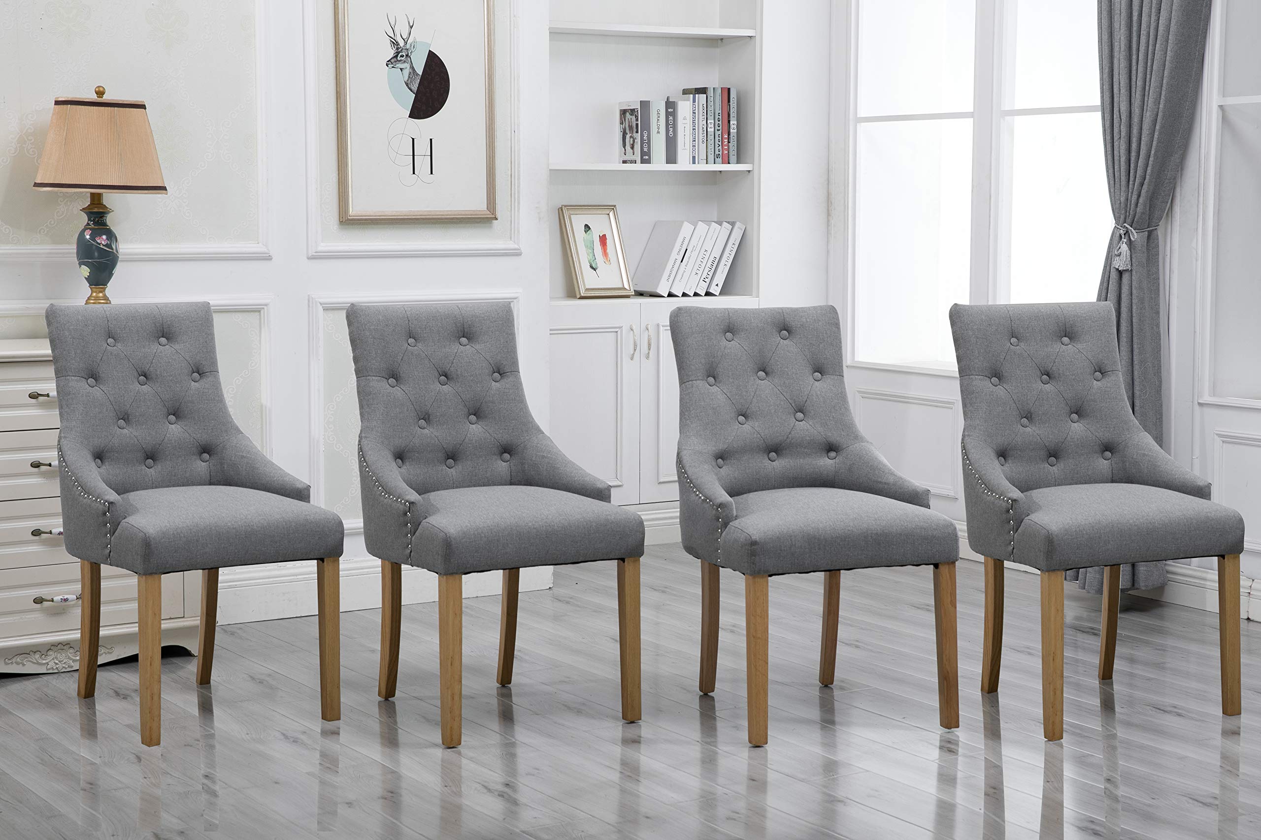 4 Piece Gray Fabric Upholstered Dining Armchairs - High Back Button Tufted Padded Side Chairs with Solid Oak Wood Legs for Kitchen, Dining Room & Living Room - Comfortable Seating for Family Gatherings & Entertaining Guests