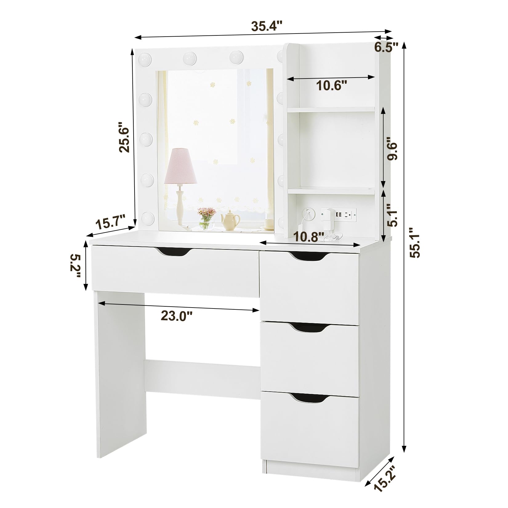 Modern Vanity Makeup Desk with LED Lights & Power Outlet - White Dressing Table with 4 Drawers, Crystal Knobs & Large Mirror - Perfect for Bedroom, Beauty Salon & Home Decor