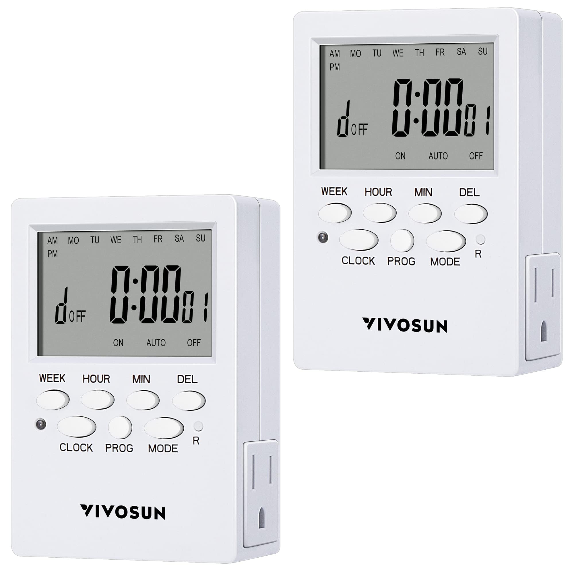 VIVOSUN 7-Day Programmable Digital Timer with Dual Outlet - Heavy Duty UL Listed Plug-in Timer for Lamps, Fans, Heaters & Humidifiers - Indoor Use with Countdown Setting (2 Pack) | Perfect for Home Automation, Aquariums & Energy Saving