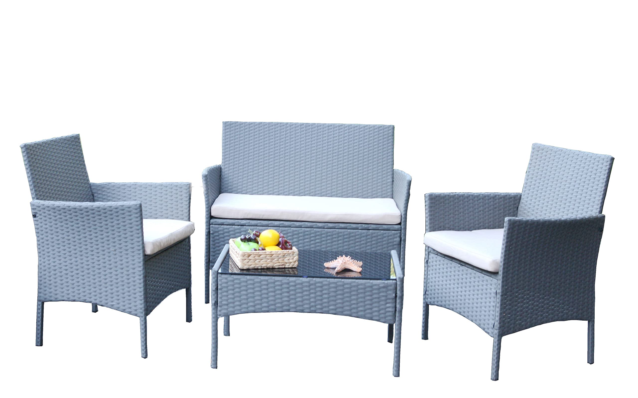4-Piece Outdoor Patio Furniture Set - Rattan Wicker Chairs with Cushions - Grey RTA Garden Furniture for Backyard, Porch, Poolside & Balcony - Weather-Resistant & Easy Assembly