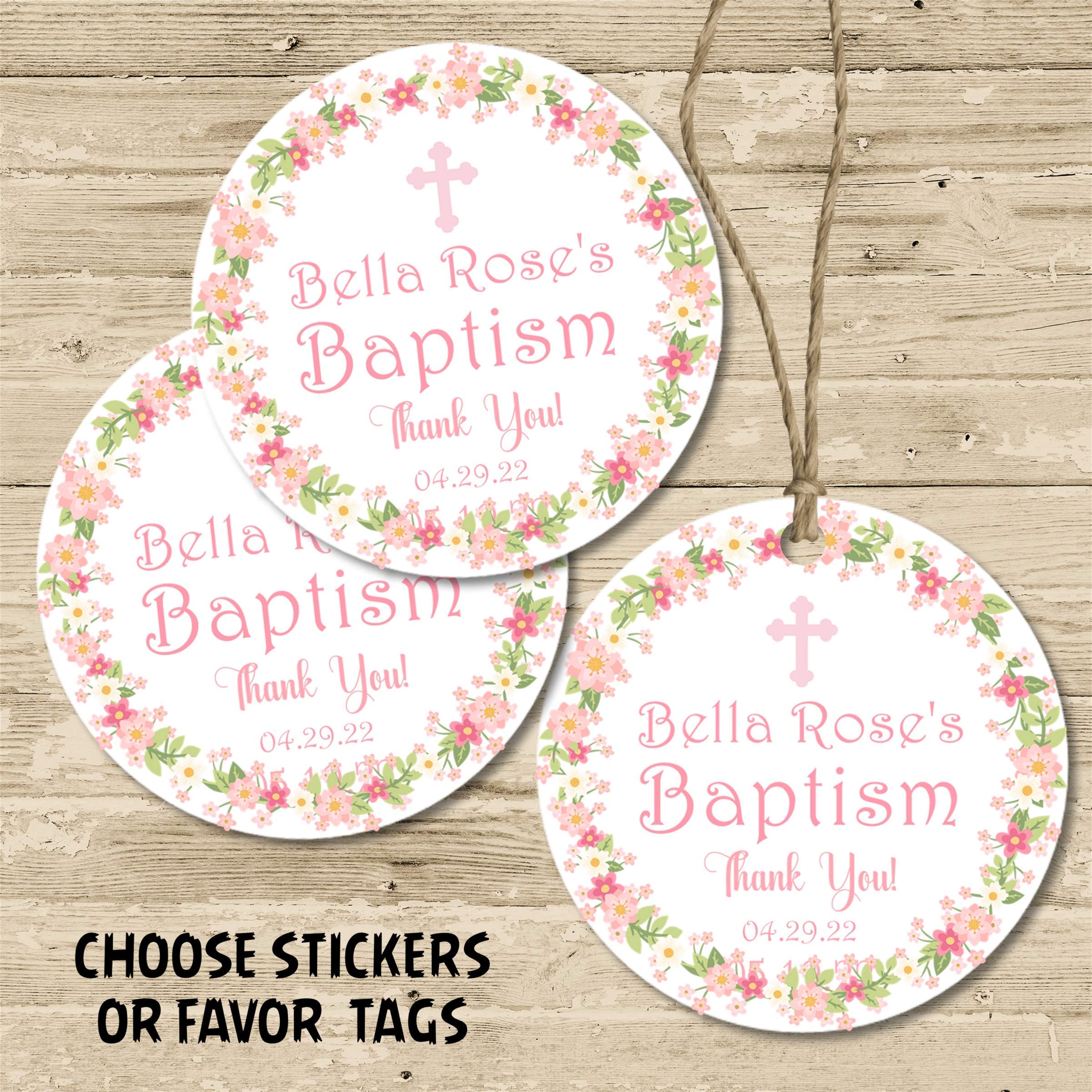 Baptism Sticker Favor Labels - Spanish Baptism Stickers (Pegatinas Bautismo Español) for Boys & Girls - Mi Bautizo Religious Celebration - Pink & Green Wreath Design - Perfect for Baptism Favors, Church Events & Religious Gift Giving
