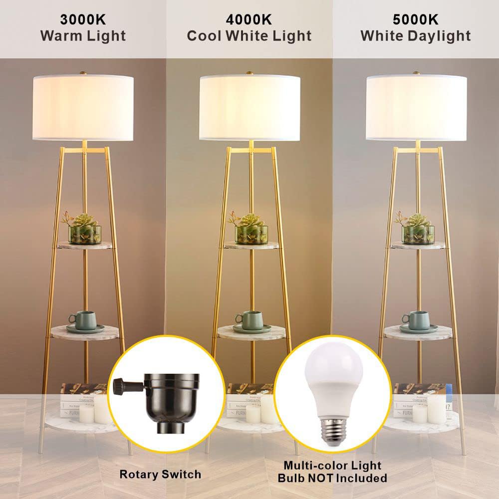 Modern Floor Lamp with Faux Marble Shelves & Fabric Shade - Adjustable Standing Reading Light, Tall Pole Accent Lighting for Living Room, Bedroom, Office - Perfect for Reading, Working & Home Decor