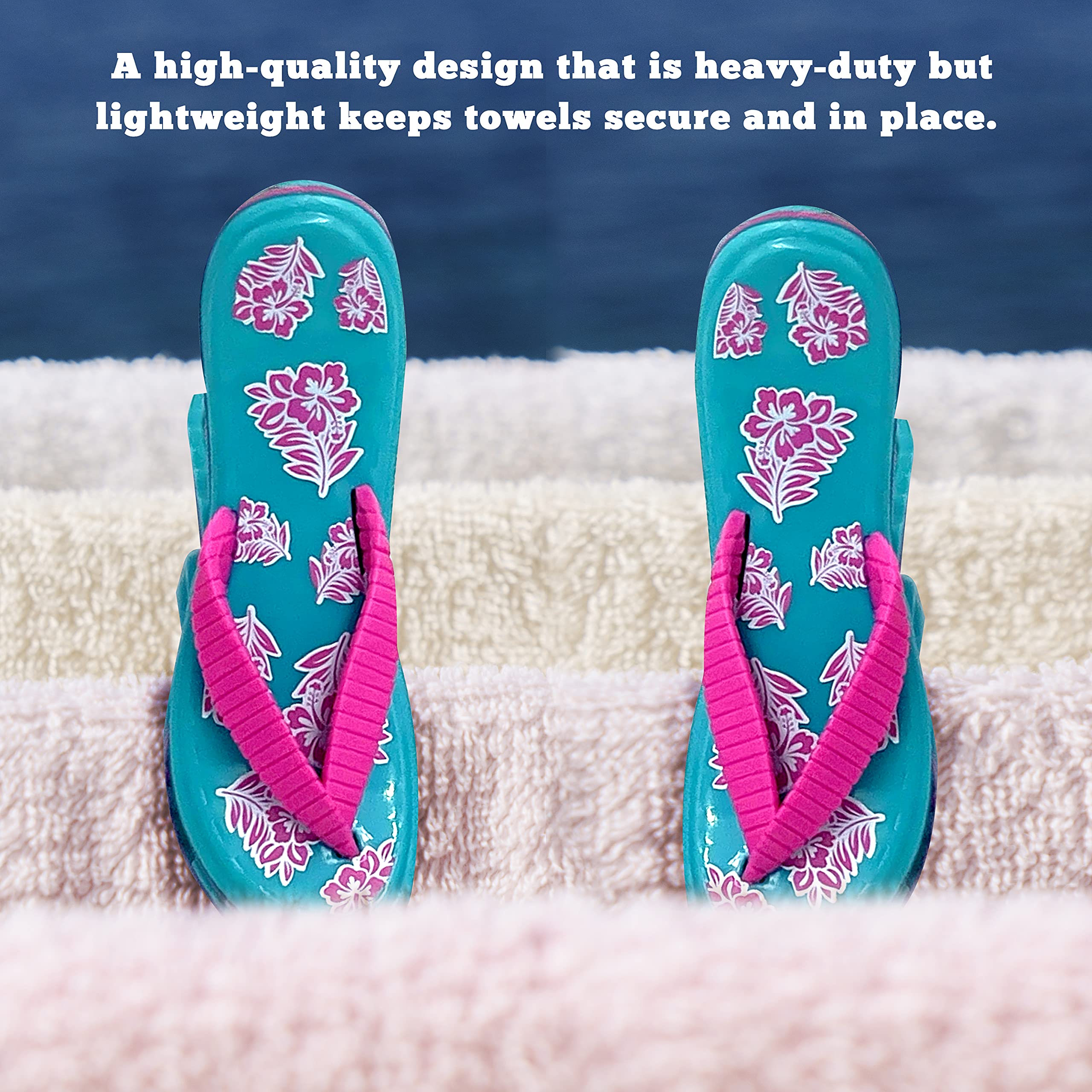 PERFORMORE Flip Flop Beach Towel Clips (Pink Strap) - 2 Pack Portable Towel Holder for Beach, Pool, Boat & Cruise - Secure Towel Clips for Lounge Chairs, Deck & Patio Accessories - Perfect for Sunbathing, Swimming & Outdoor Relaxation
