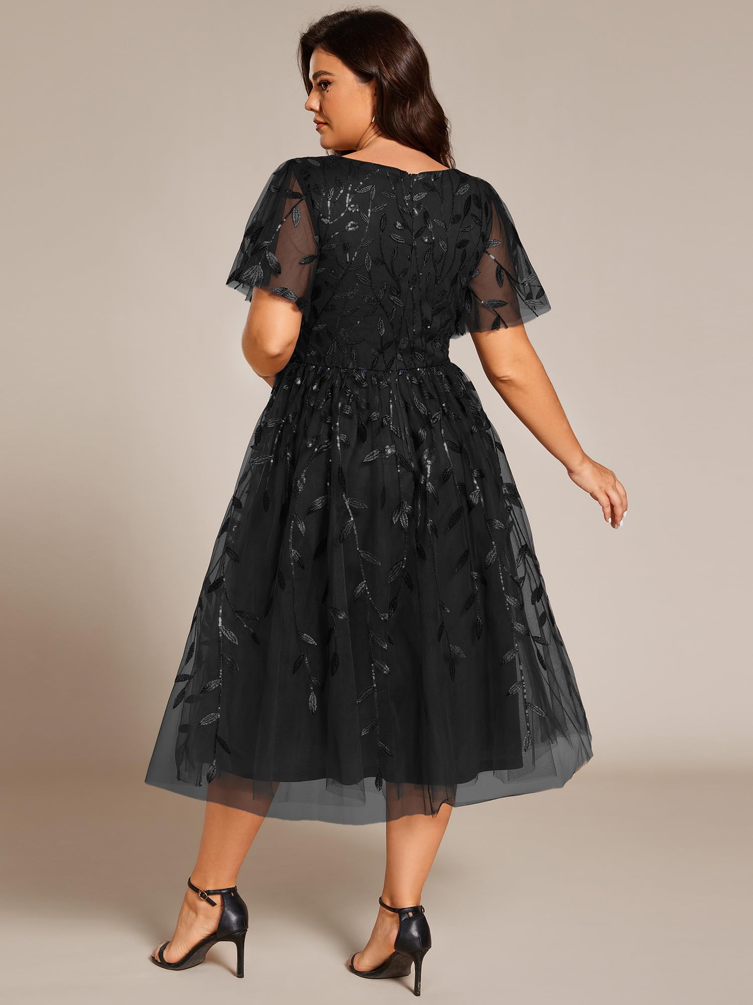 Ever-Pretty Women's Plus Size V-Neck Short Sleeve Embroidered Sequin Cocktail Dress with Empire Waist - Elegant Wedding Guest & Party Midi Dress (2230-DA) | Perfect for Bridal Showers, Evening Events & Special Occasions