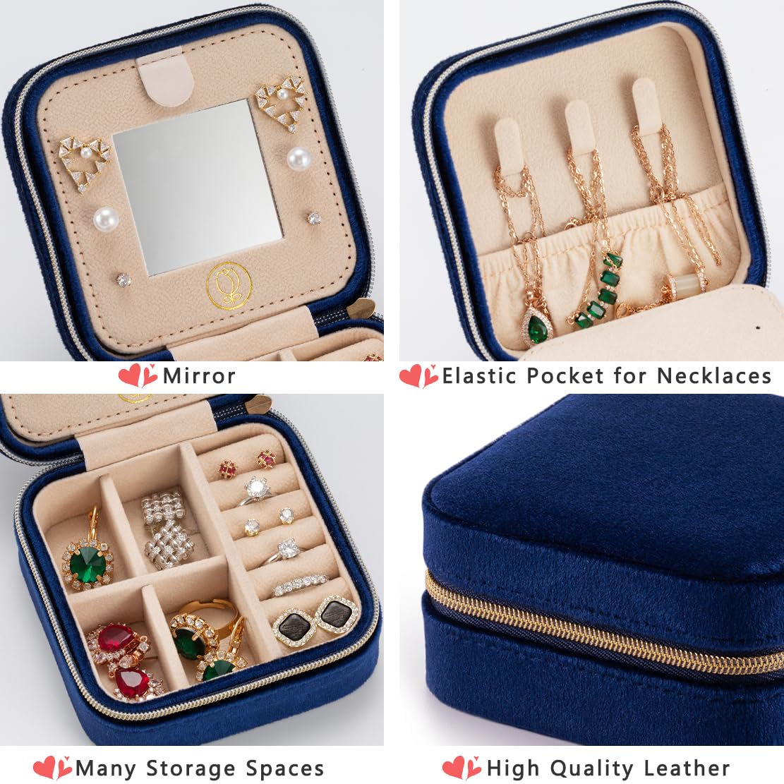 Plush Velvet Travel Jewelry Organizer Box with Mirror - Portable Jewelry Storage Case for Necklaces, Rings & Earrings - Perfect Gift for Women & Girls (Navy Blue) | Great for Travel, Home Storage & Daily Use